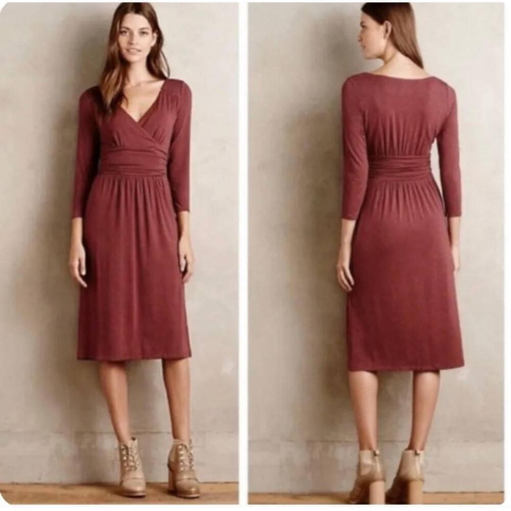 Anthropologie Maeve  Galena Burgundy Midi VNeck Jersey Wrap Dress L - Picture 2 of 11